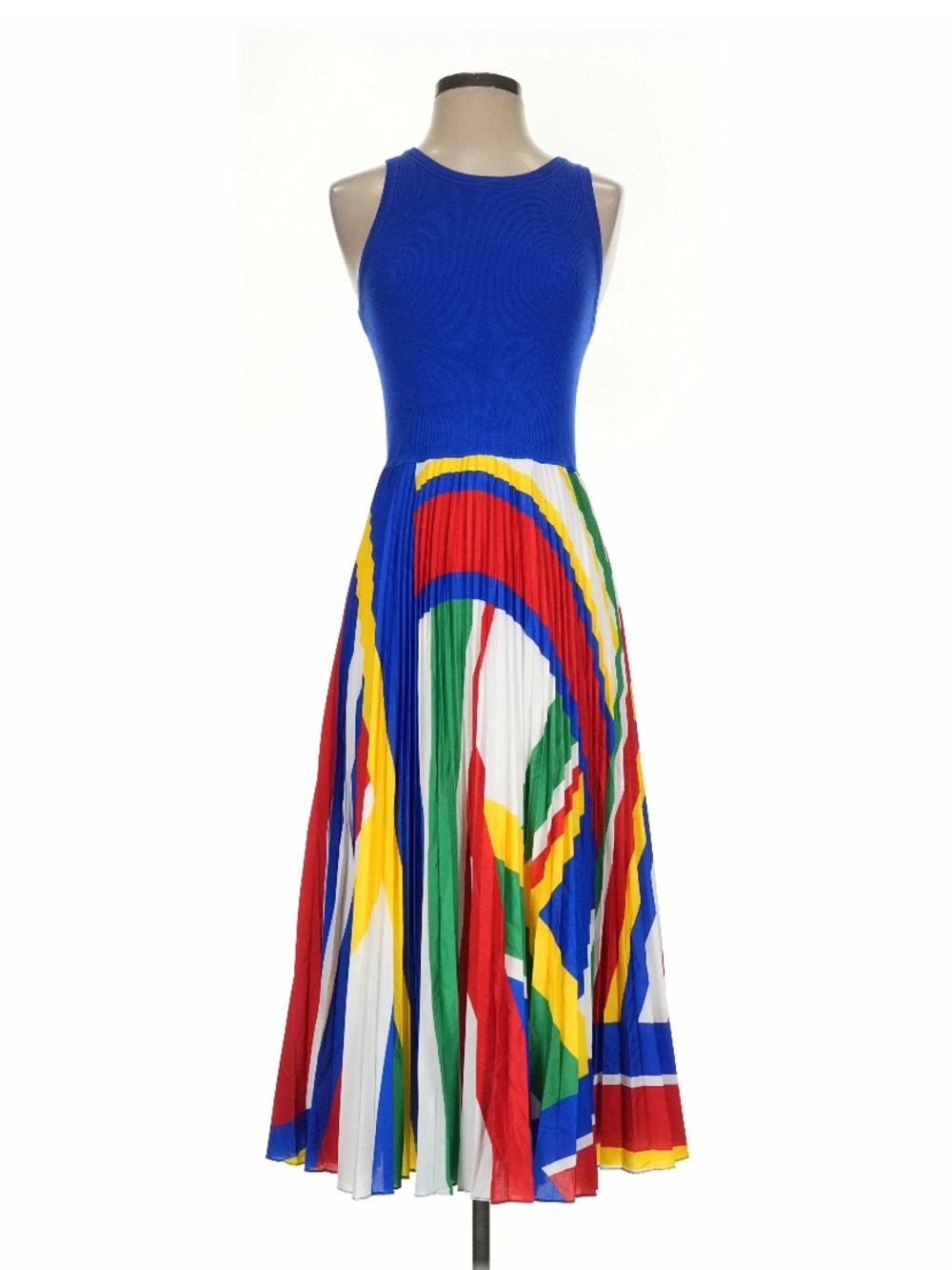ISO Polo by Ralph Lauren Blue Sleeveless Multicolor Pleated Midi Dress